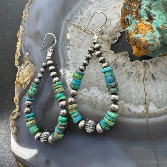 Sterling 4-6mm Navajo Pearl Southwester Style& 6mm Turquoise Bead Hoop Earrings - Picture 4 of 10